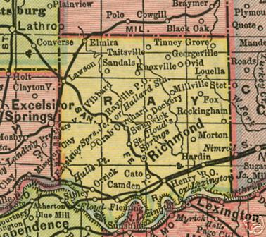 Early map of Ray County, Missouri including Richmond, Lawson, Camden, Orrick, Hardin, Knoxville, Henry